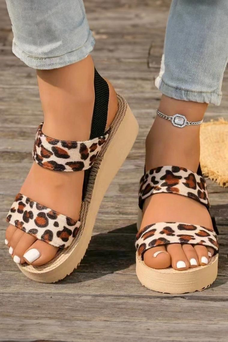 Leopard Double Straps Woven Textured Sole Casual Sandals