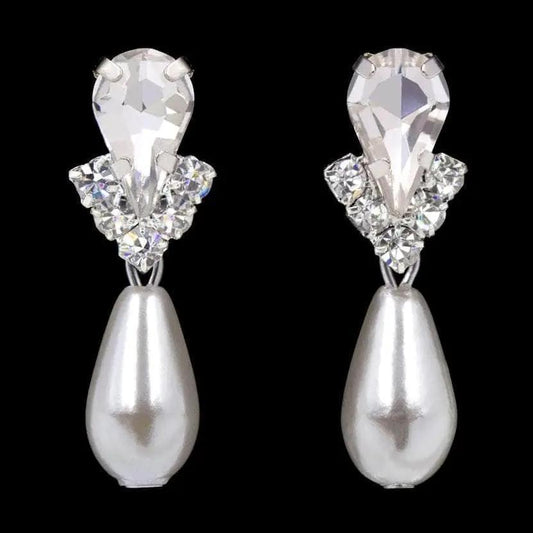 #5538XS - Rhinestone Pear V Pearl Drop Earrings - Crystal Silver Plated