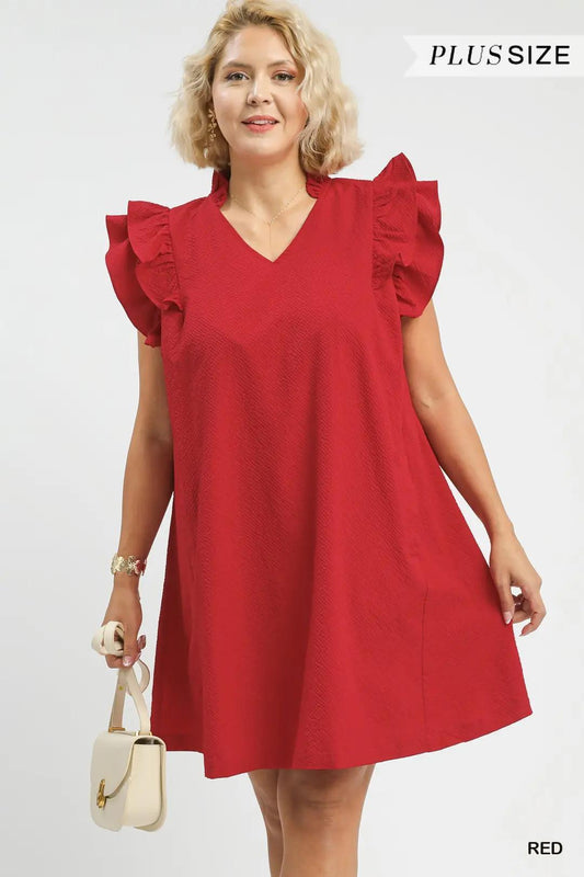 UMGEE Seersucker Ruffle Shift Dress - Red