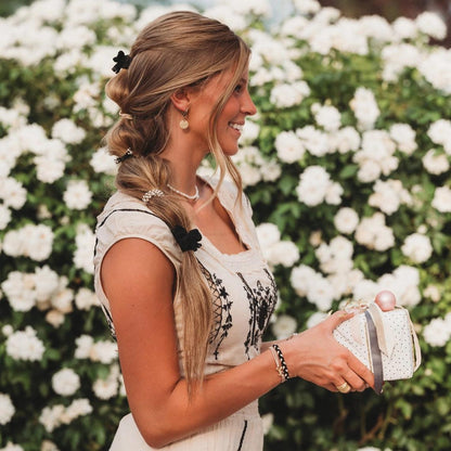 K'lani hair tie bracelets - "Harmony" Pearls & Bows in Black & Cream Hair Tie Bracelets