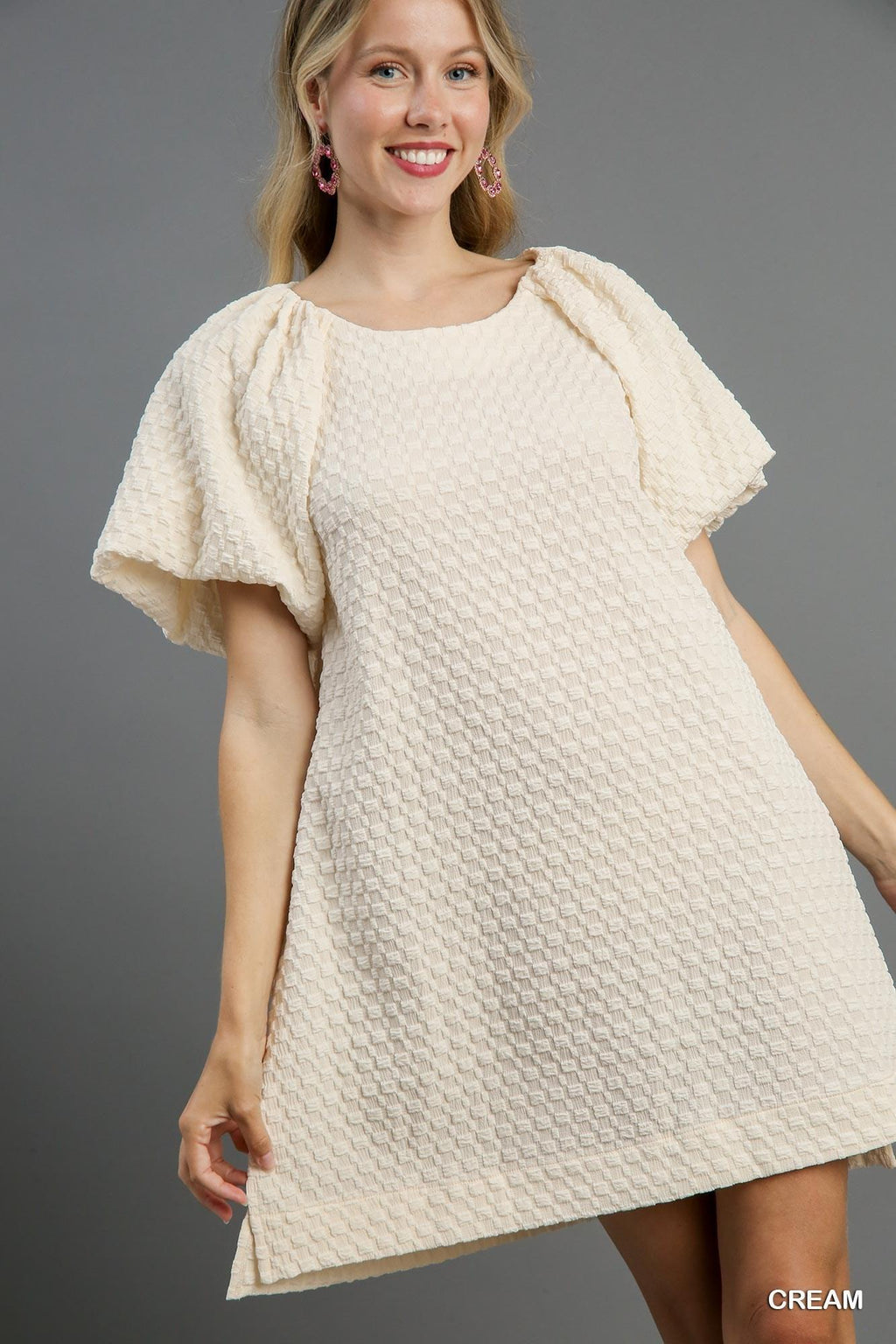 Jacquard Round Neck Mini Dress with Side Cut & Bubble Sleeves