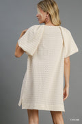 Jacquard Round Neck Mini Dress with Side Cut & Bubble Sleeves