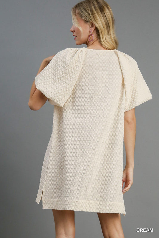 Jacquard Round Neck Mini Dress with Side Cut & Bubble Sleeves