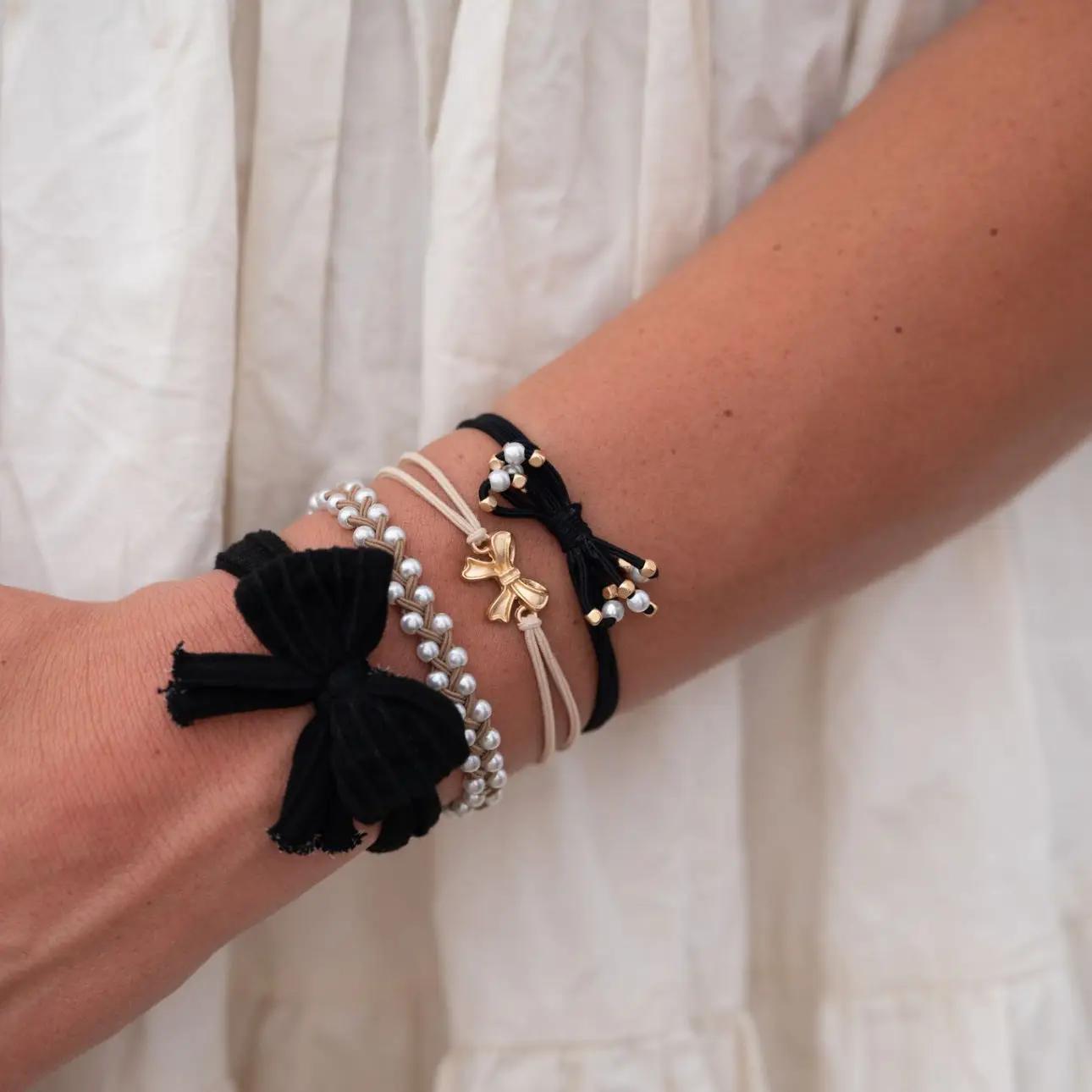 K'lani hair tie bracelets - "Harmony" Pearls & Bows in Black & Cream Hair Tie Bracelets