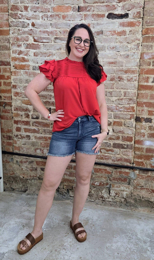 Ruffle Sleeve Pleated York Woven Top - PLUS
