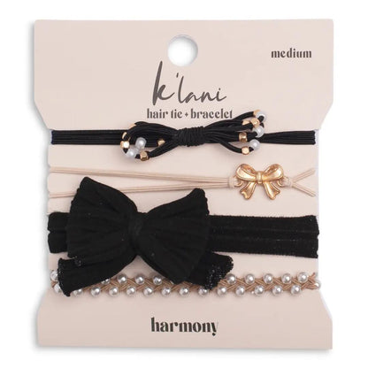 K'lani hair tie bracelets - "Harmony" Pearls & Bows in Black & Cream Hair Tie Bracelets