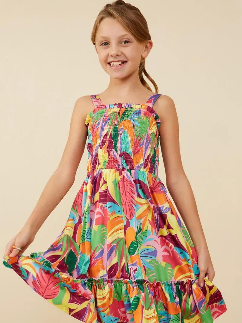 Hayden LA - Girls Tropical Print Smocked Sleeveless Dress